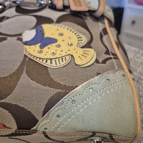 Coach Signature Canvas Coral Reef Appliqué Satchel - Tan & Mint - Picture 4 of 13